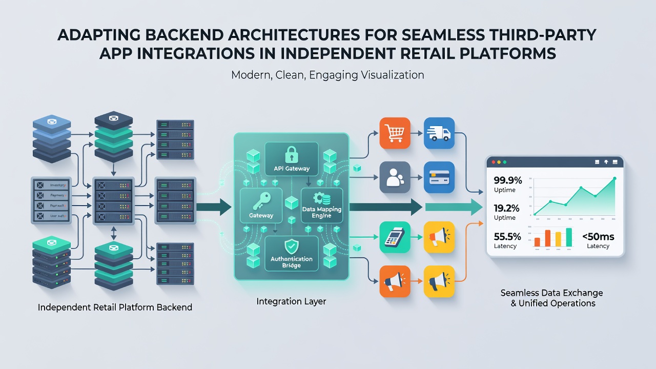 Secure API integration flow illustrating data exchange between independent retail backend and external applications