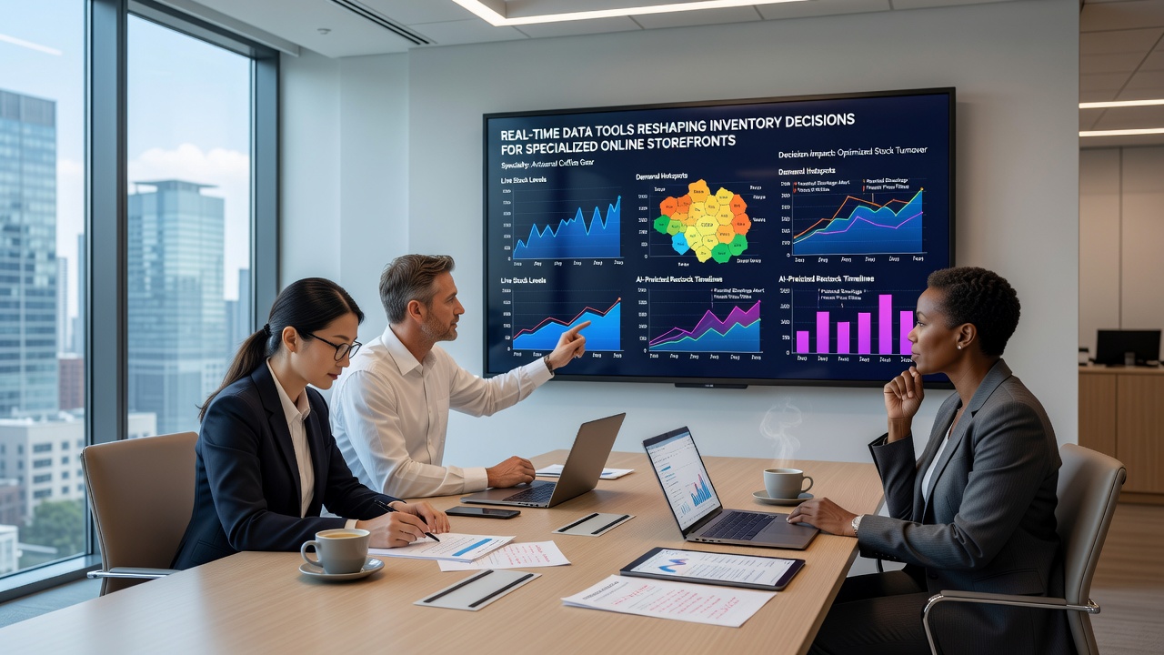 Specialized online storefront inventory team reviewing live supply chain analytics on multiple screens