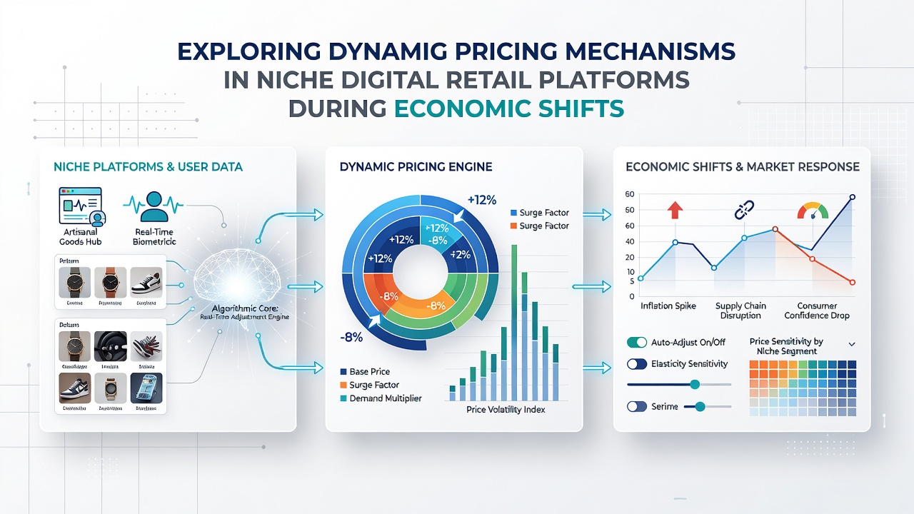 Analytics dashboard on a niche retail platform displaying price elasticity curves and competitor benchmarking during an economic shift period
